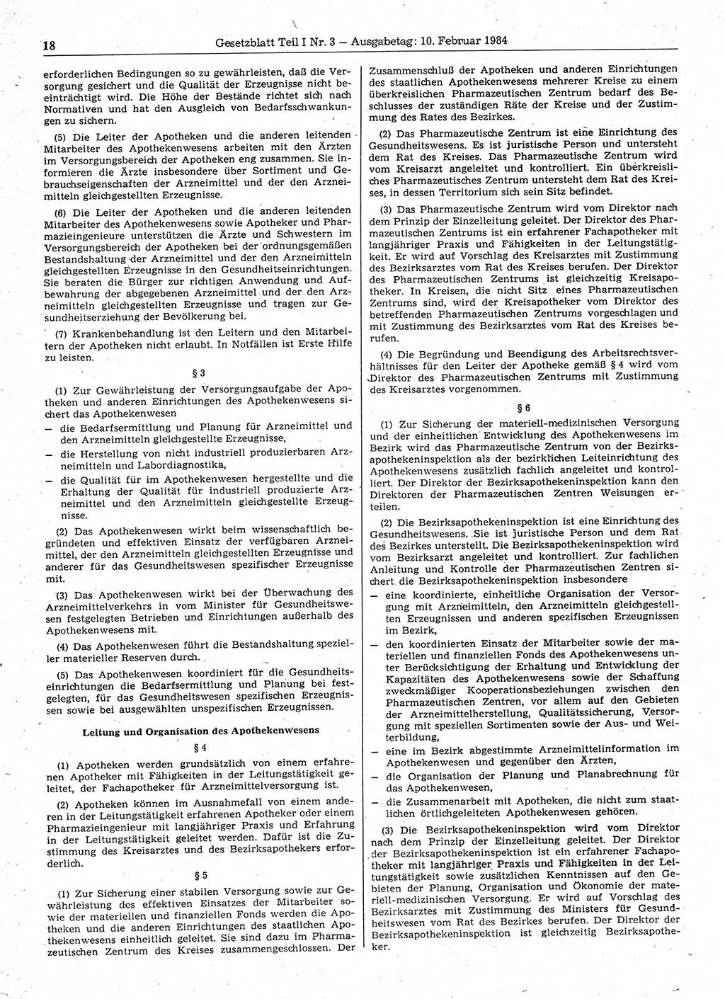 Gesetzblatt (GBl.) der Deutschen Demokratischen Republik (DDR) Teil Ⅰ 1984, Seite 18 (GBl. DDR Ⅰ 1984, S. 18)
