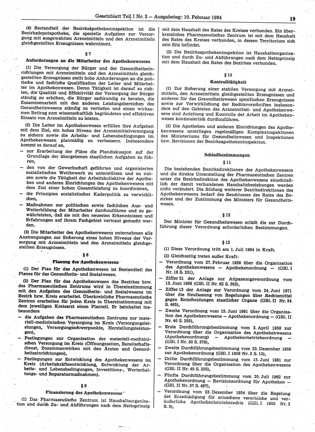 Gesetzblatt (GBl.) der Deutschen Demokratischen Republik (DDR) Teil Ⅰ 1984, Seite 19 (GBl. DDR Ⅰ 1984, S. 19)