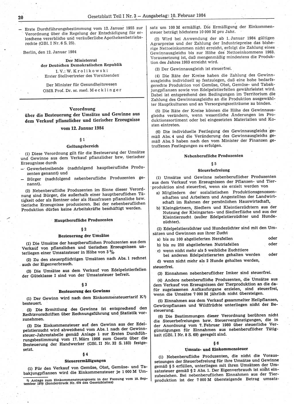 Gesetzblatt (GBl.) der Deutschen Demokratischen Republik (DDR) Teil Ⅰ 1984, Seite 20 (GBl. DDR Ⅰ 1984, S. 20)