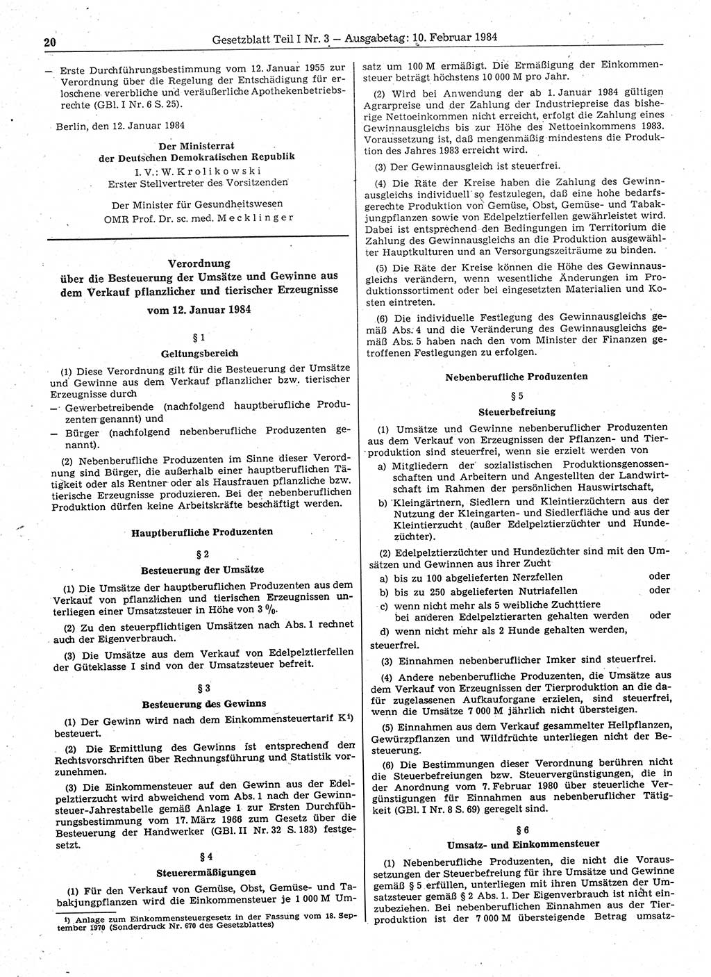 Gesetzblatt (GBl.) der Deutschen Demokratischen Republik (DDR) Teil Ⅰ 1984, Seite 20 (GBl. DDR Ⅰ 1984, S. 20)