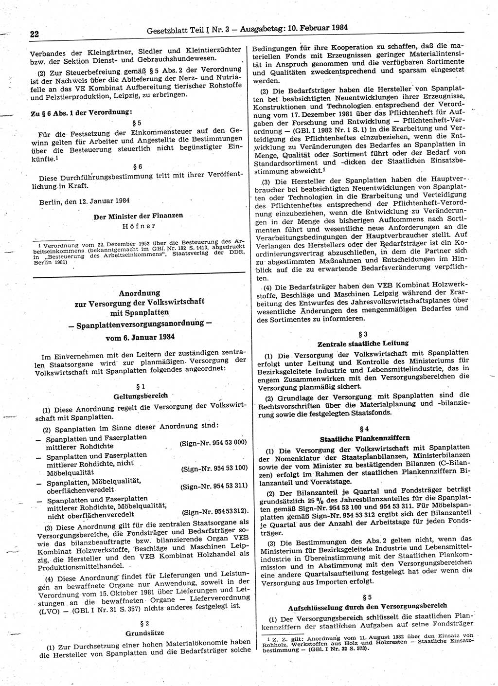 Gesetzblatt (GBl.) der Deutschen Demokratischen Republik (DDR) Teil Ⅰ 1984, Seite 22 (GBl. DDR Ⅰ 1984, S. 22)