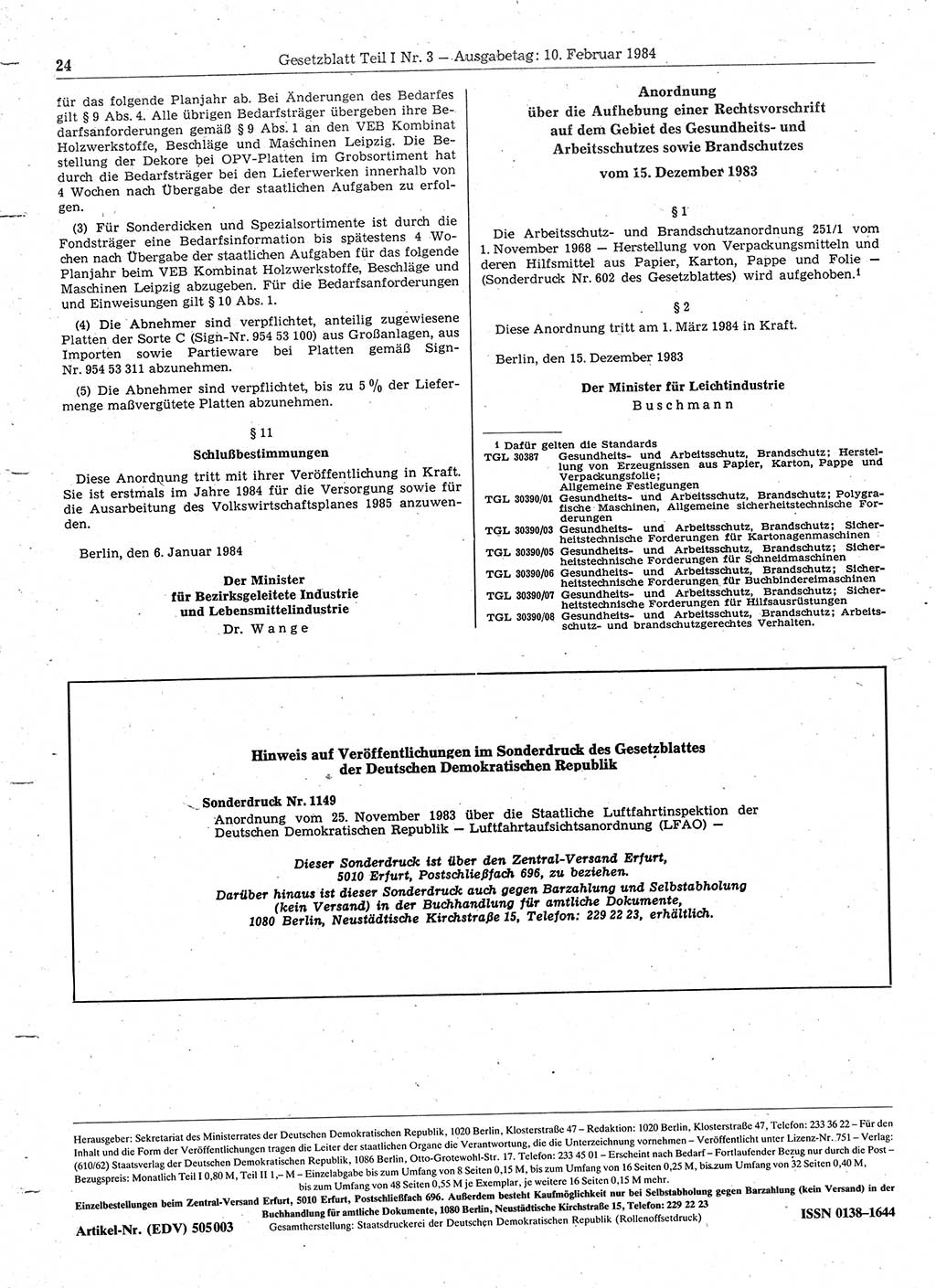Gesetzblatt (GBl.) der Deutschen Demokratischen Republik (DDR) Teil Ⅰ 1984, Seite 24 (GBl. DDR Ⅰ 1984, S. 24)