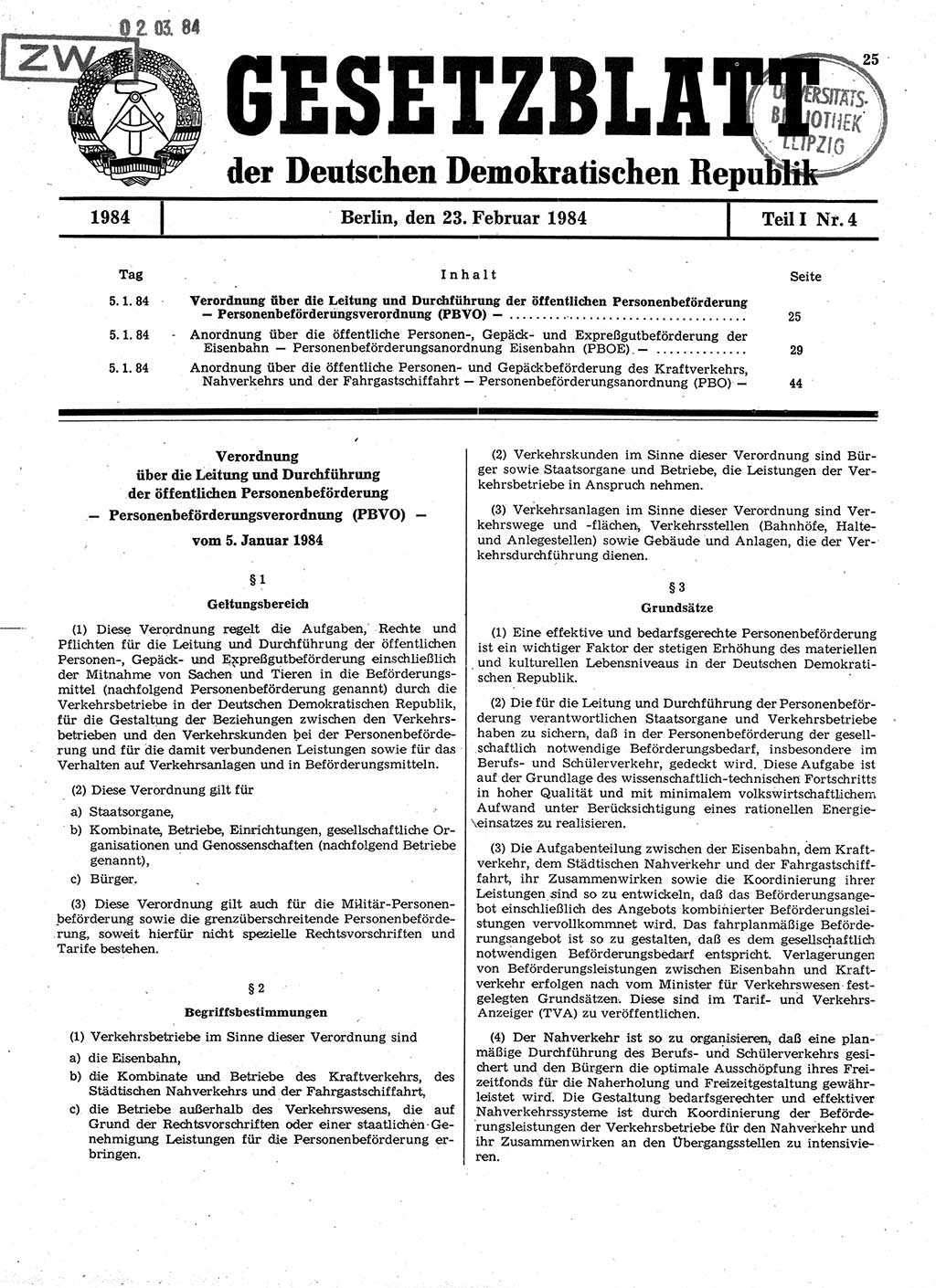 Gesetzblatt (GBl.) der Deutschen Demokratischen Republik (DDR) Teil Ⅰ 1984, Seite 25 (GBl. DDR Ⅰ 1984, S. 25)