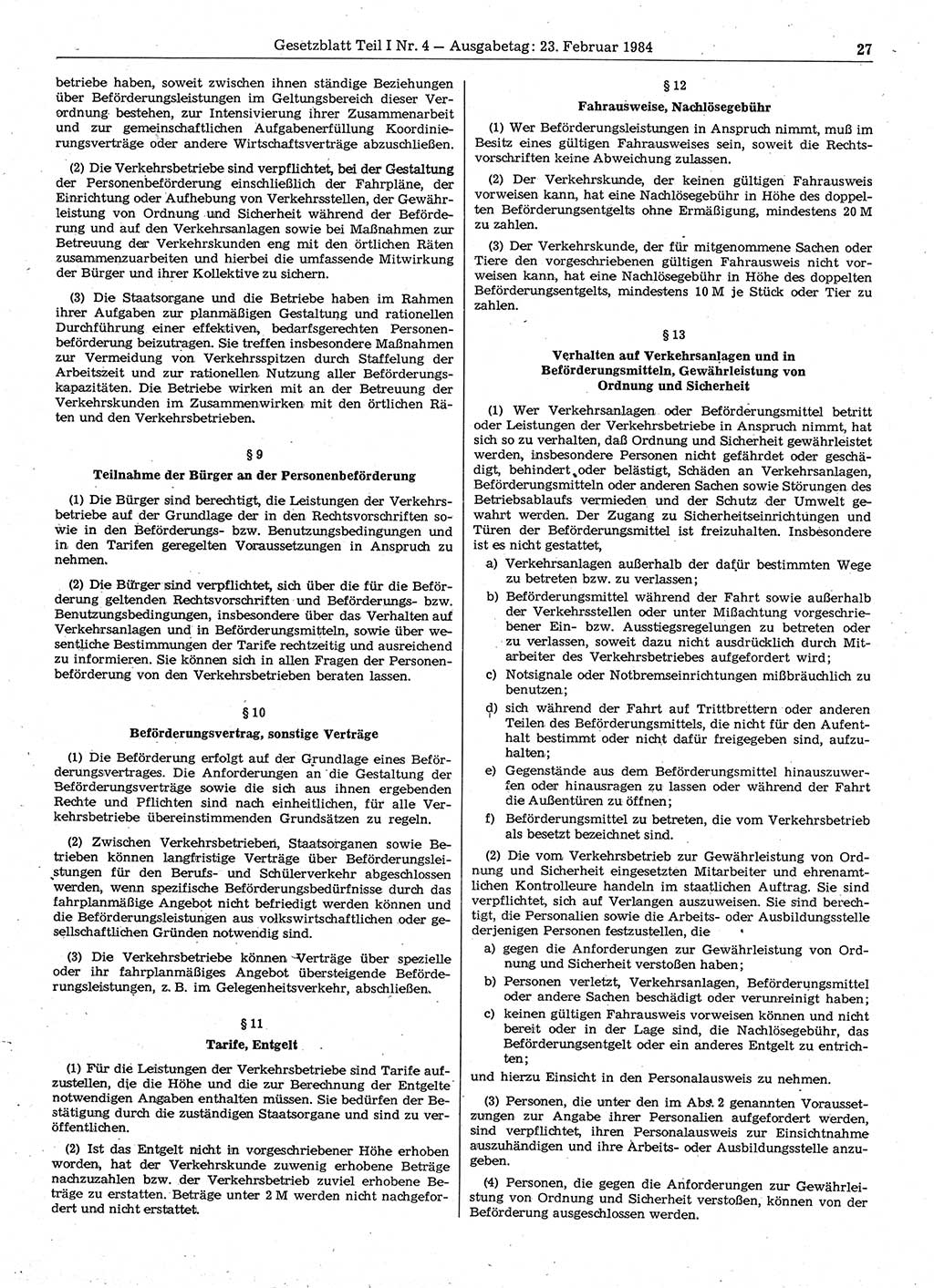 Gesetzblatt (GBl.) der Deutschen Demokratischen Republik (DDR) Teil Ⅰ 1984, Seite 27 (GBl. DDR Ⅰ 1984, S. 27)