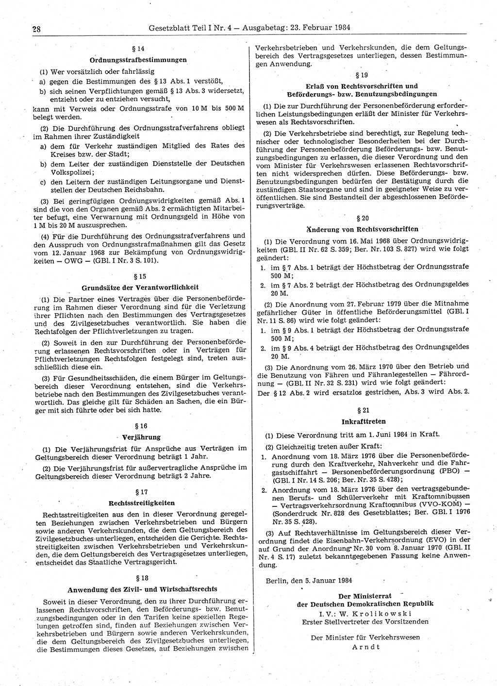 Gesetzblatt (GBl.) der Deutschen Demokratischen Republik (DDR) Teil Ⅰ 1984, Seite 28 (GBl. DDR Ⅰ 1984, S. 28)