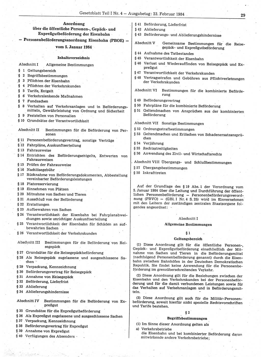 Gesetzblatt (GBl.) der Deutschen Demokratischen Republik (DDR) Teil Ⅰ 1984, Seite 29 (GBl. DDR Ⅰ 1984, S. 29)