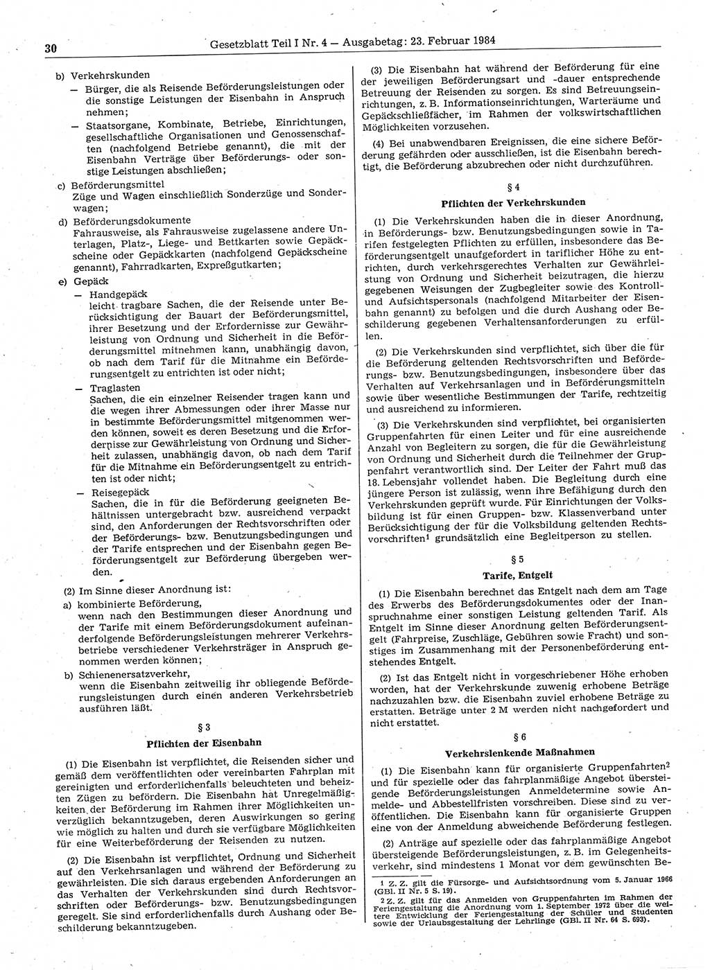Gesetzblatt (GBl.) der Deutschen Demokratischen Republik (DDR) Teil Ⅰ 1984, Seite 30 (GBl. DDR Ⅰ 1984, S. 30)