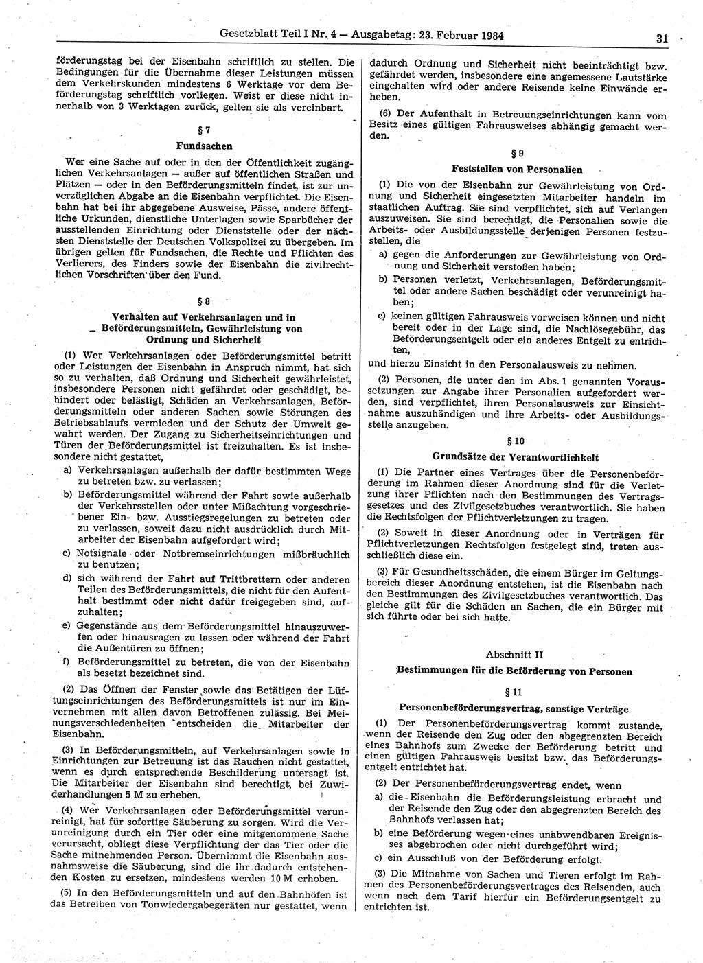 Gesetzblatt (GBl.) der Deutschen Demokratischen Republik (DDR) Teil Ⅰ 1984, Seite 31 (GBl. DDR Ⅰ 1984, S. 31)