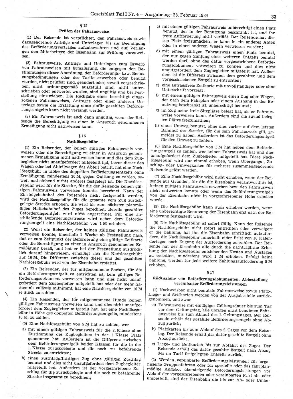 Gesetzblatt (GBl.) der Deutschen Demokratischen Republik (DDR) Teil Ⅰ 1984, Seite 33 (GBl. DDR Ⅰ 1984, S. 33)