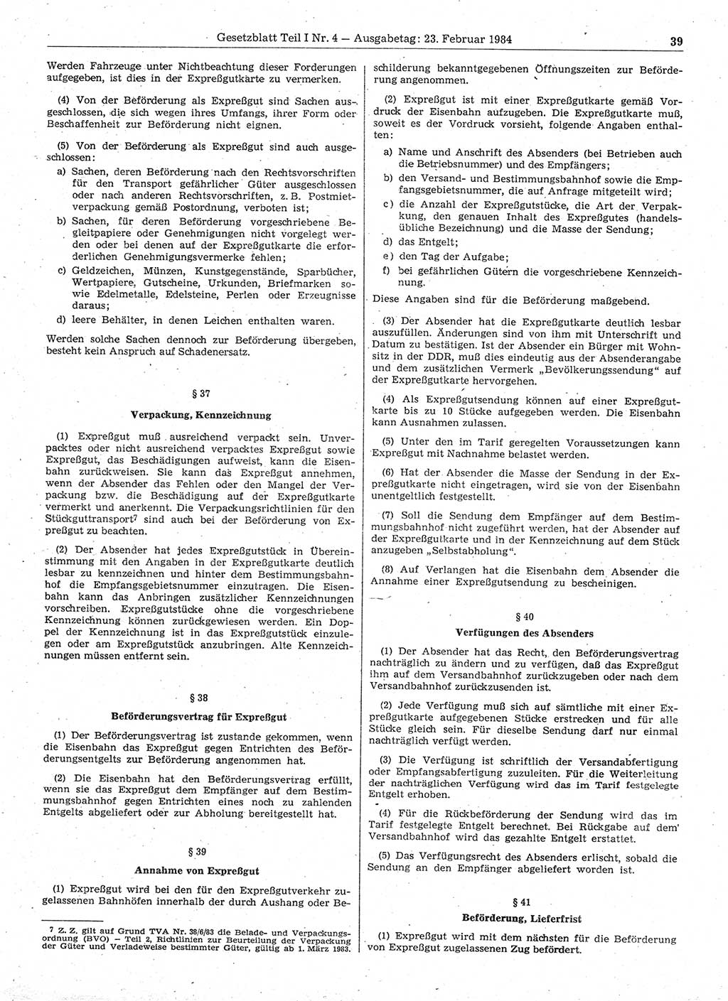 Gesetzblatt (GBl.) der Deutschen Demokratischen Republik (DDR) Teil Ⅰ 1984, Seite 39 (GBl. DDR Ⅰ 1984, S. 39)