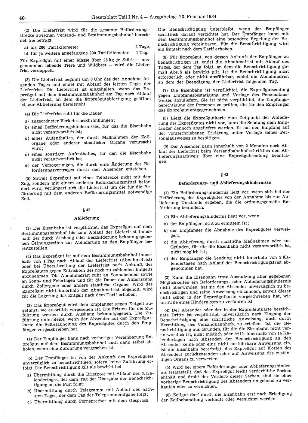 Gesetzblatt (GBl.) der Deutschen Demokratischen Republik (DDR) Teil Ⅰ 1984, Seite 40 (GBl. DDR Ⅰ 1984, S. 40)