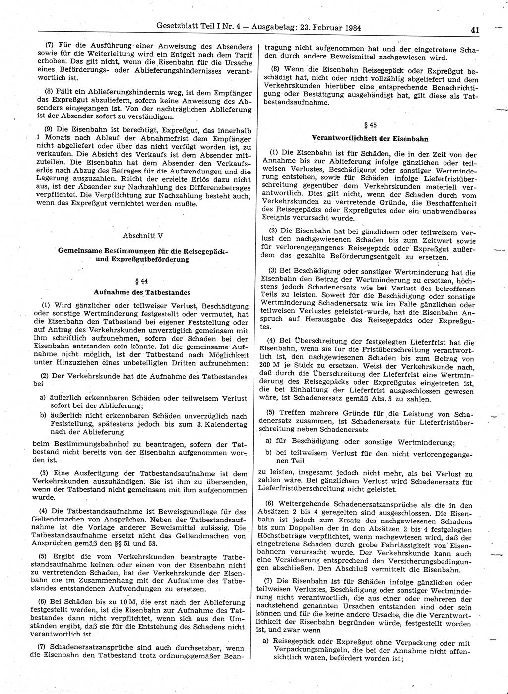 Gesetzblatt (GBl.) der Deutschen Demokratischen Republik (DDR) Teil Ⅰ 1984, Seite 41 (GBl. DDR Ⅰ 1984, S. 41)