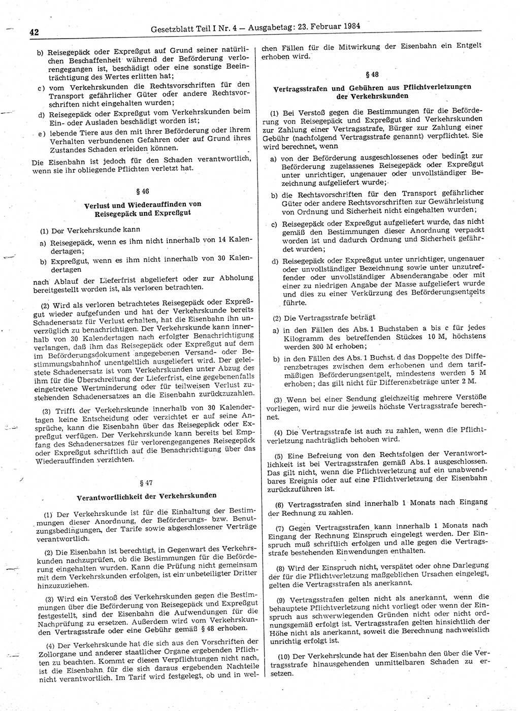 Gesetzblatt (GBl.) der Deutschen Demokratischen Republik (DDR) Teil Ⅰ 1984, Seite 42 (GBl. DDR Ⅰ 1984, S. 42)