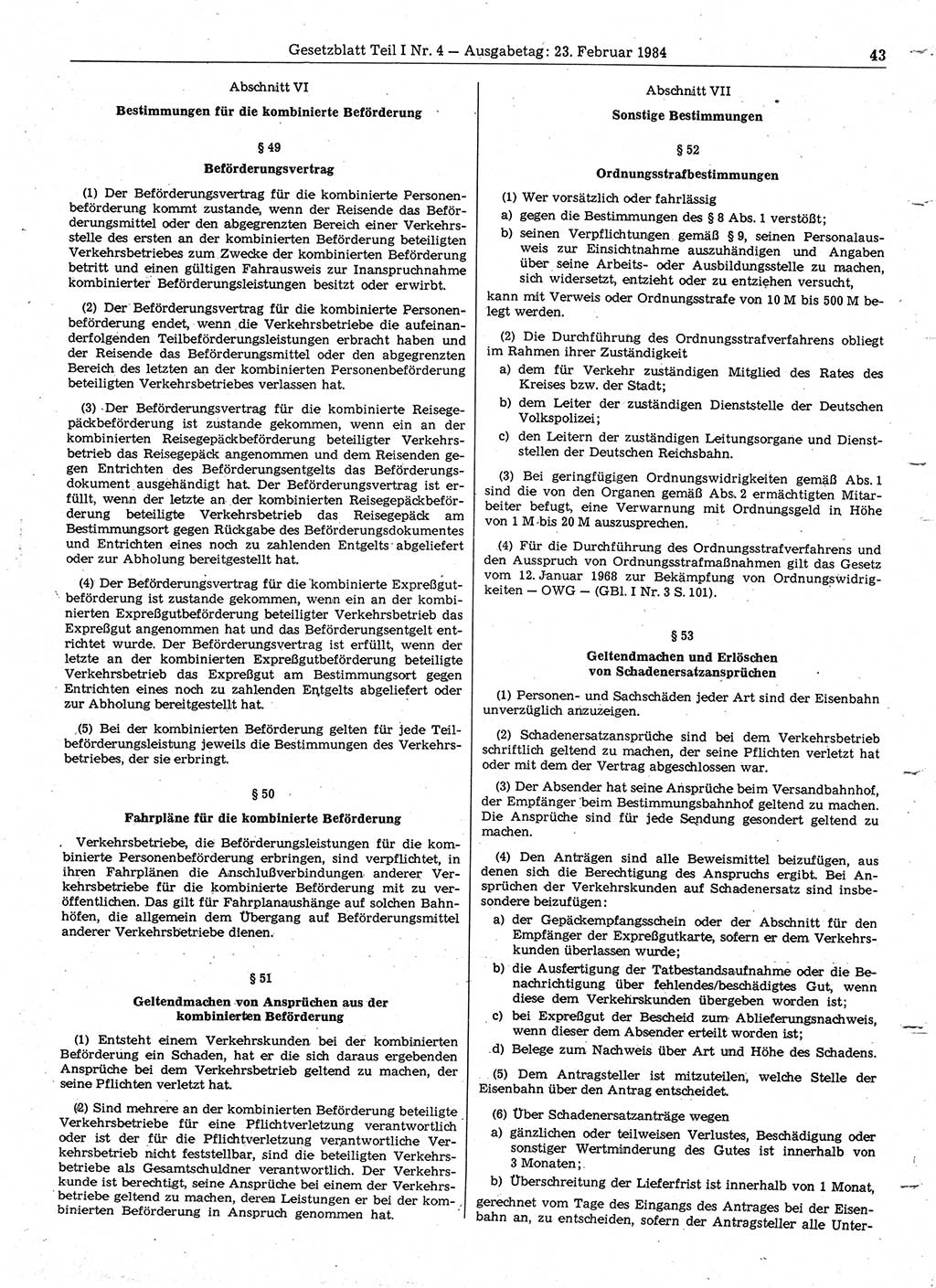 Gesetzblatt (GBl.) der Deutschen Demokratischen Republik (DDR) Teil Ⅰ 1984, Seite 43 (GBl. DDR Ⅰ 1984, S. 43)