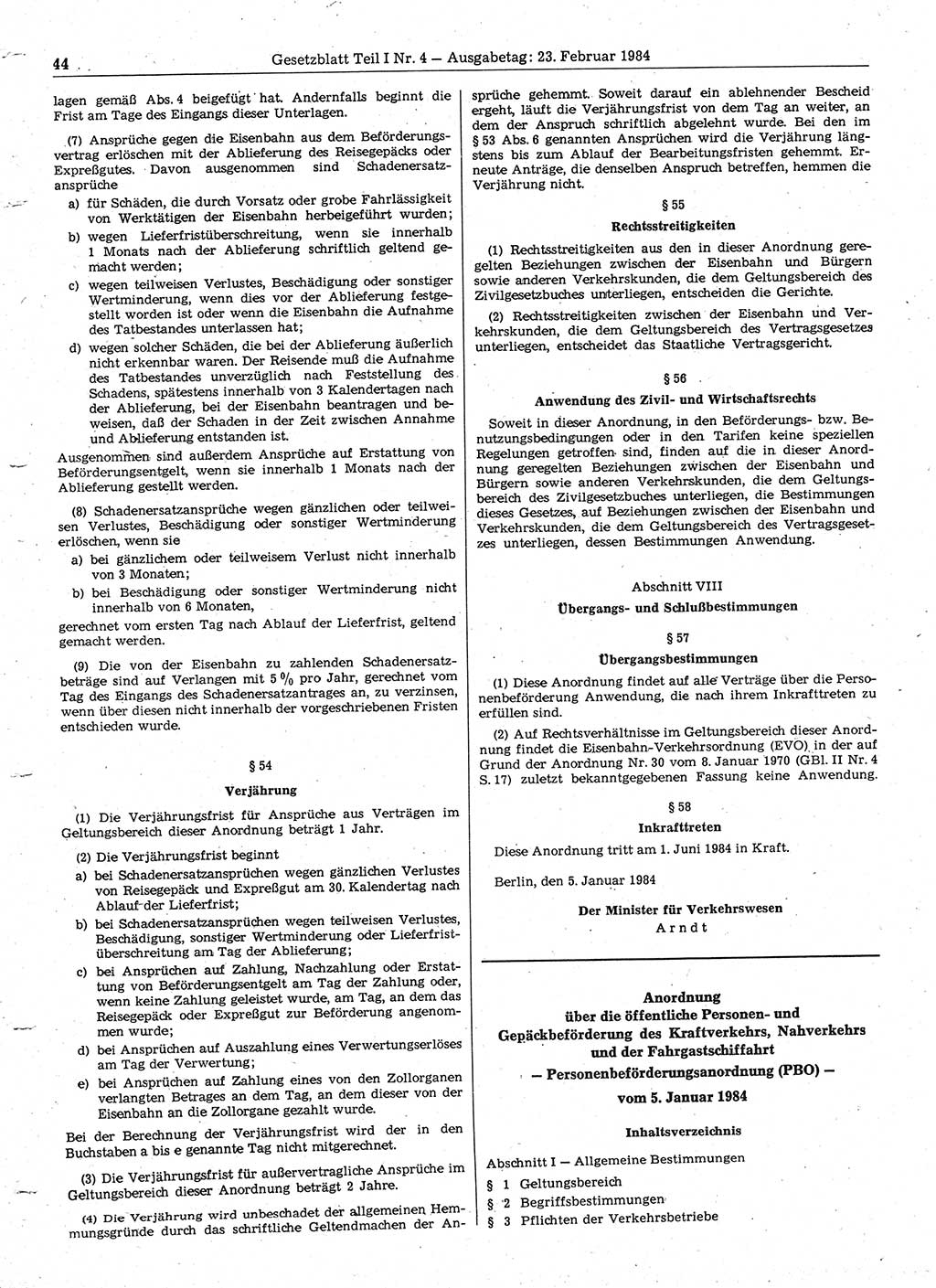 Gesetzblatt (GBl.) der Deutschen Demokratischen Republik (DDR) Teil Ⅰ 1984, Seite 44 (GBl. DDR Ⅰ 1984, S. 44)