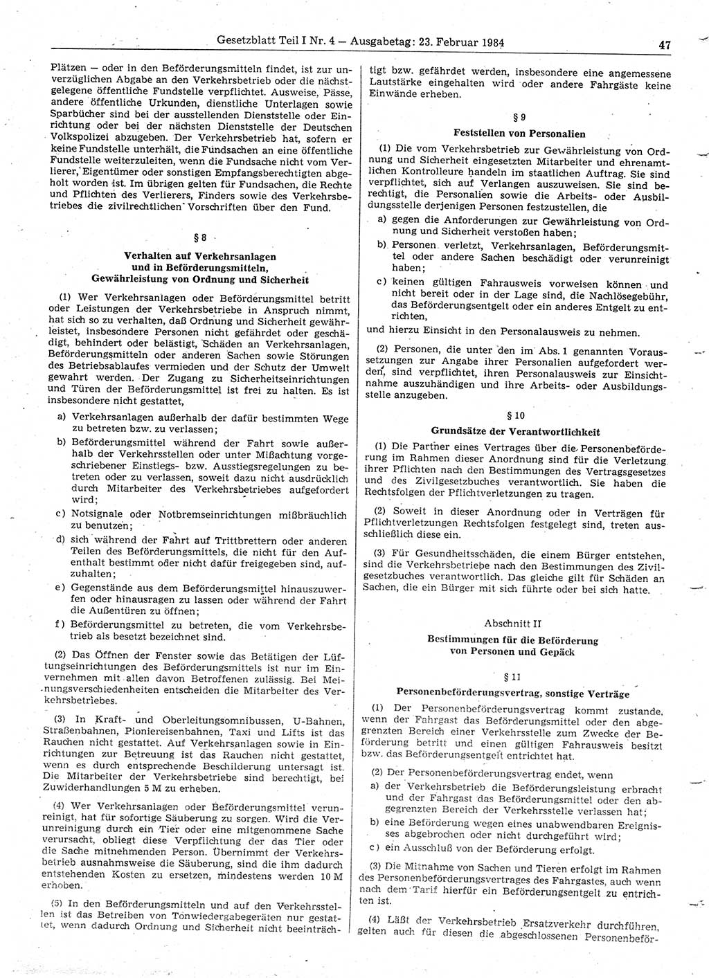 Gesetzblatt (GBl.) der Deutschen Demokratischen Republik (DDR) Teil Ⅰ 1984, Seite 47 (GBl. DDR Ⅰ 1984, S. 47)