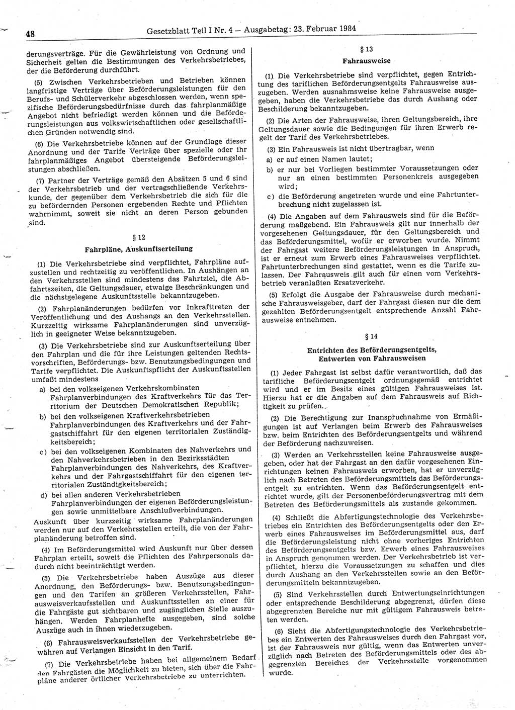Gesetzblatt (GBl.) der Deutschen Demokratischen Republik (DDR) Teil Ⅰ 1984, Seite 48 (GBl. DDR Ⅰ 1984, S. 48)