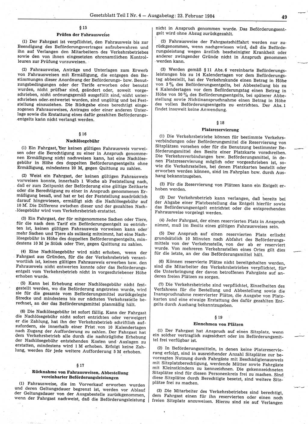 Gesetzblatt (GBl.) der Deutschen Demokratischen Republik (DDR) Teil Ⅰ 1984, Seite 49 (GBl. DDR Ⅰ 1984, S. 49)