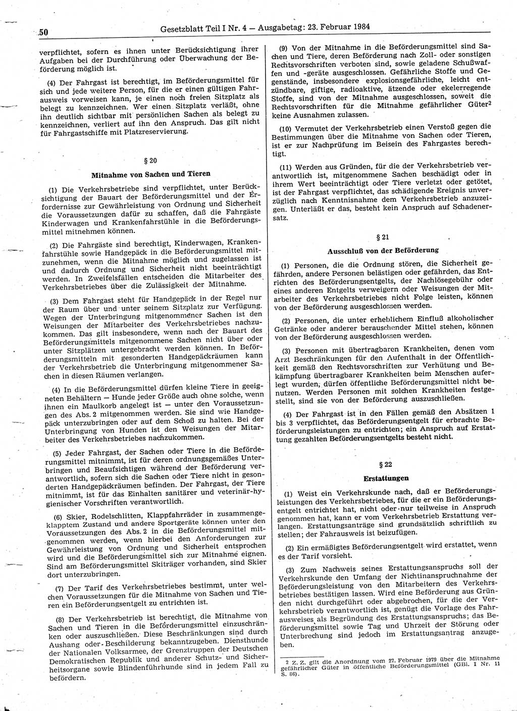 Gesetzblatt (GBl.) der Deutschen Demokratischen Republik (DDR) Teil Ⅰ 1984, Seite 50 (GBl. DDR Ⅰ 1984, S. 50)