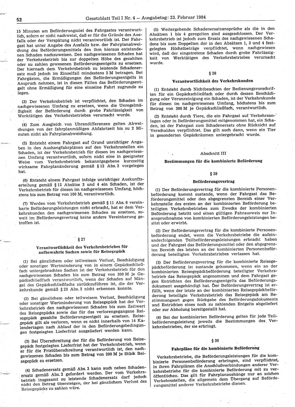 Gesetzblatt (GBl.) der Deutschen Demokratischen Republik (DDR) Teil Ⅰ 1984, Seite 52 (GBl. DDR Ⅰ 1984, S. 52)