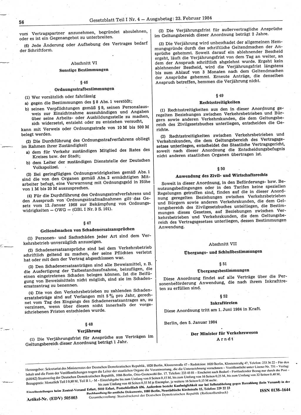 Gesetzblatt (GBl.) der Deutschen Demokratischen Republik (DDR) Teil Ⅰ 1984, Seite 56 (GBl. DDR Ⅰ 1984, S. 56)