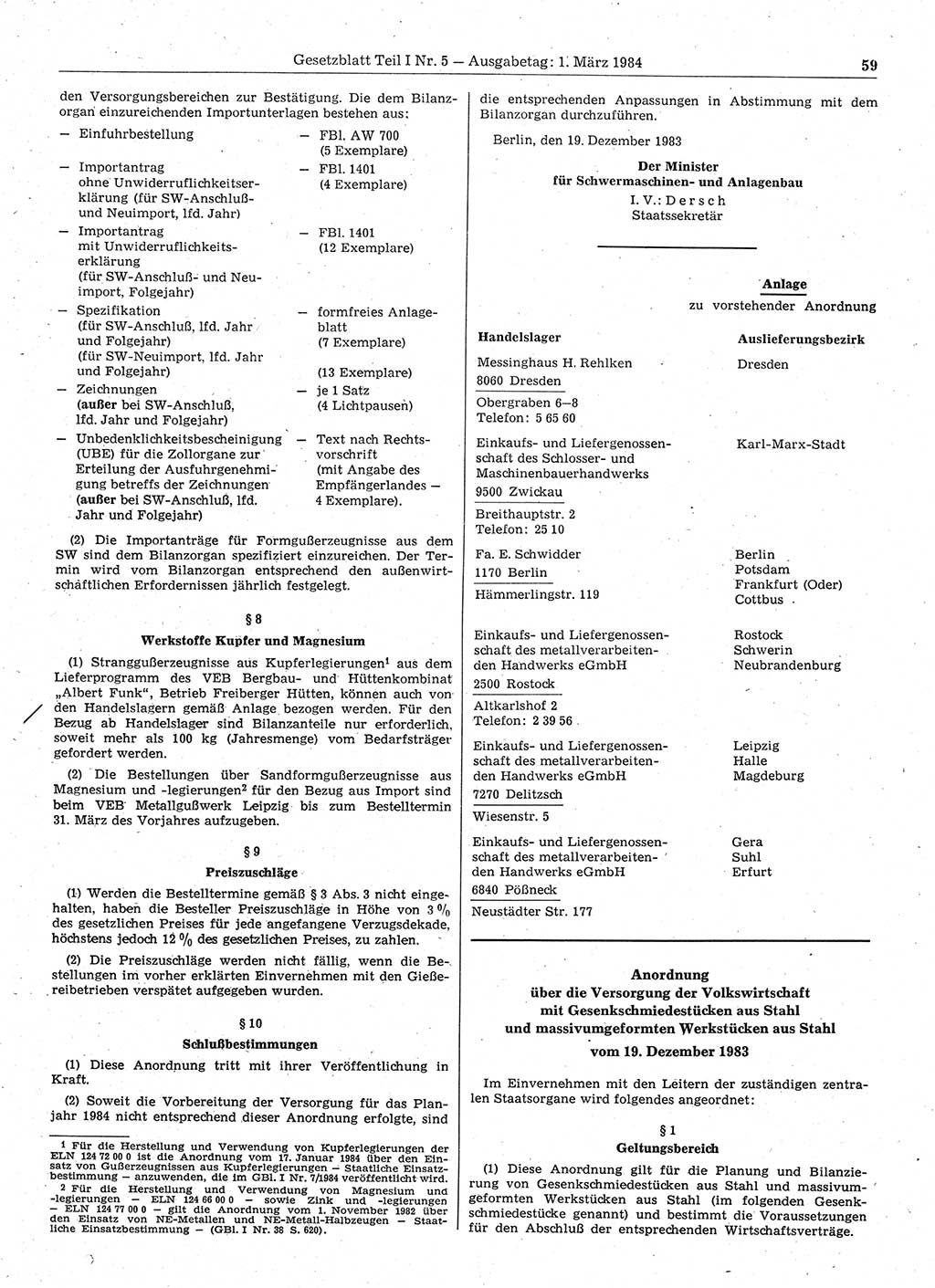 Gesetzblatt (GBl.) der Deutschen Demokratischen Republik (DDR) Teil Ⅰ 1984, Seite 59 (GBl. DDR Ⅰ 1984, S. 59)