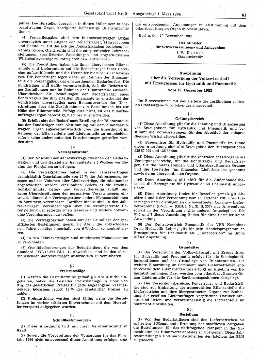 Gesetzblatt (GBl.) der Deutschen Demokratischen Republik (DDR) Teil Ⅰ 1984, Seite 61 (GBl. DDR Ⅰ 1984, S. 61)