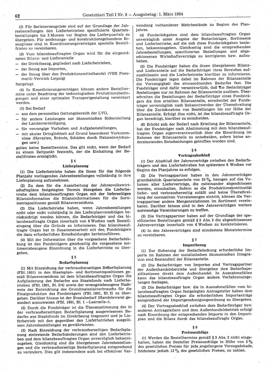 Gesetzblatt (GBl.) der Deutschen Demokratischen Republik (DDR) Teil Ⅰ 1984, Seite 62 (GBl. DDR Ⅰ 1984, S. 62)