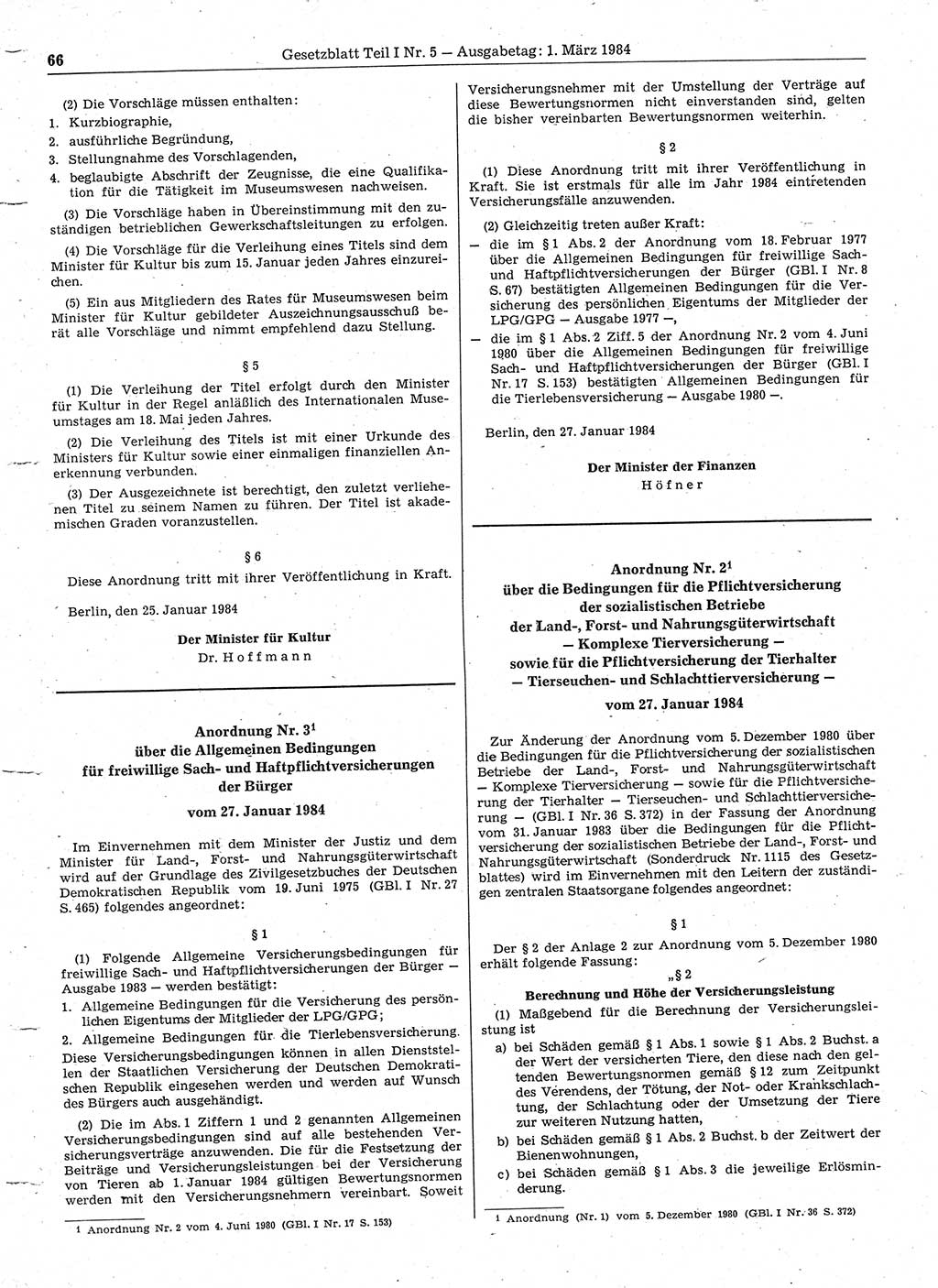 Gesetzblatt (GBl.) der Deutschen Demokratischen Republik (DDR) Teil Ⅰ 1984, Seite 66 (GBl. DDR Ⅰ 1984, S. 66)