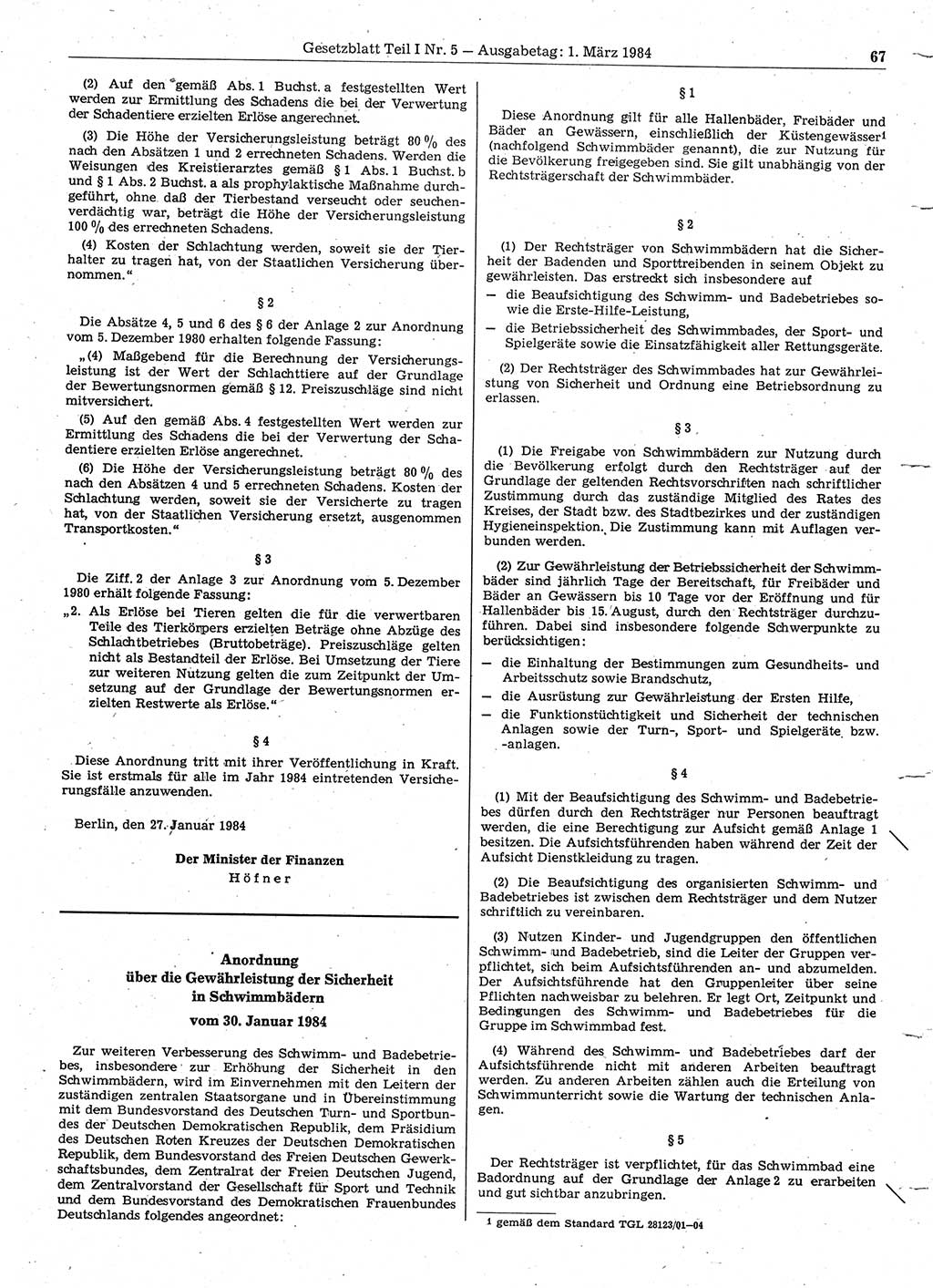 Gesetzblatt (GBl.) der Deutschen Demokratischen Republik (DDR) Teil Ⅰ 1984, Seite 67 (GBl. DDR Ⅰ 1984, S. 67)