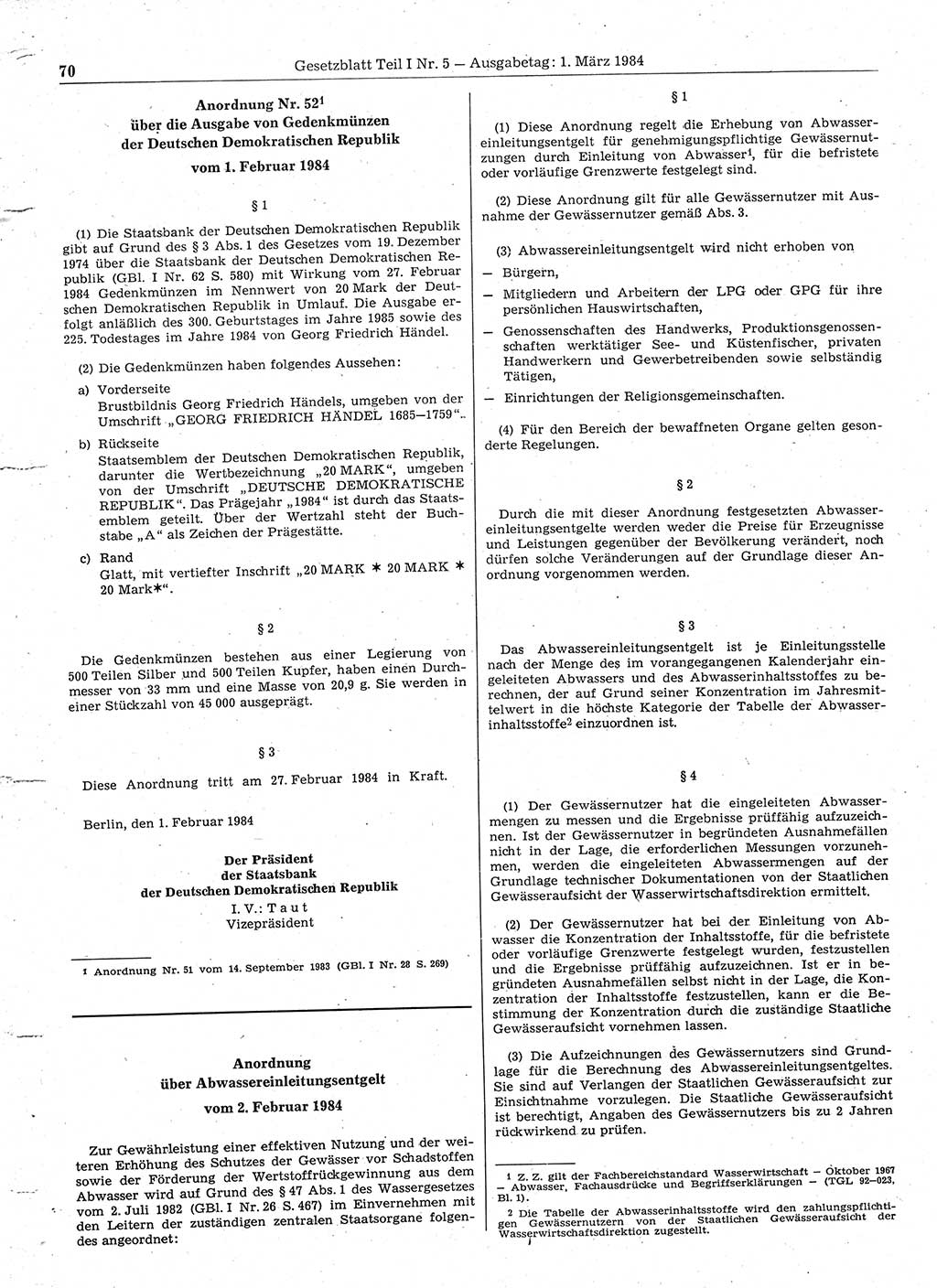 Gesetzblatt (GBl.) der Deutschen Demokratischen Republik (DDR) Teil Ⅰ 1984, Seite 70 (GBl. DDR Ⅰ 1984, S. 70)
