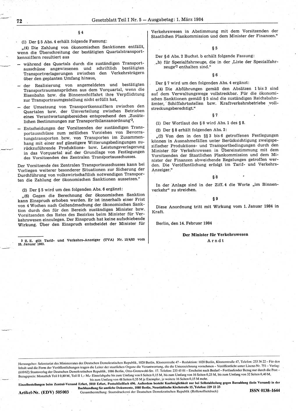 Gesetzblatt (GBl.) der Deutschen Demokratischen Republik (DDR) Teil Ⅰ 1984, Seite 72 (GBl. DDR Ⅰ 1984, S. 72)