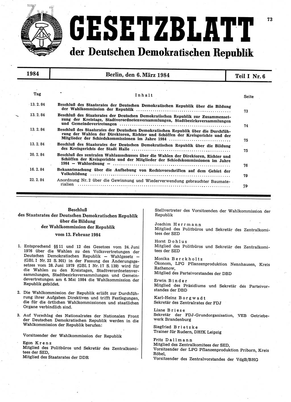 Gesetzblatt (GBl.) der Deutschen Demokratischen Republik (DDR) Teil Ⅰ 1984, Seite 73 (GBl. DDR Ⅰ 1984, S. 73)