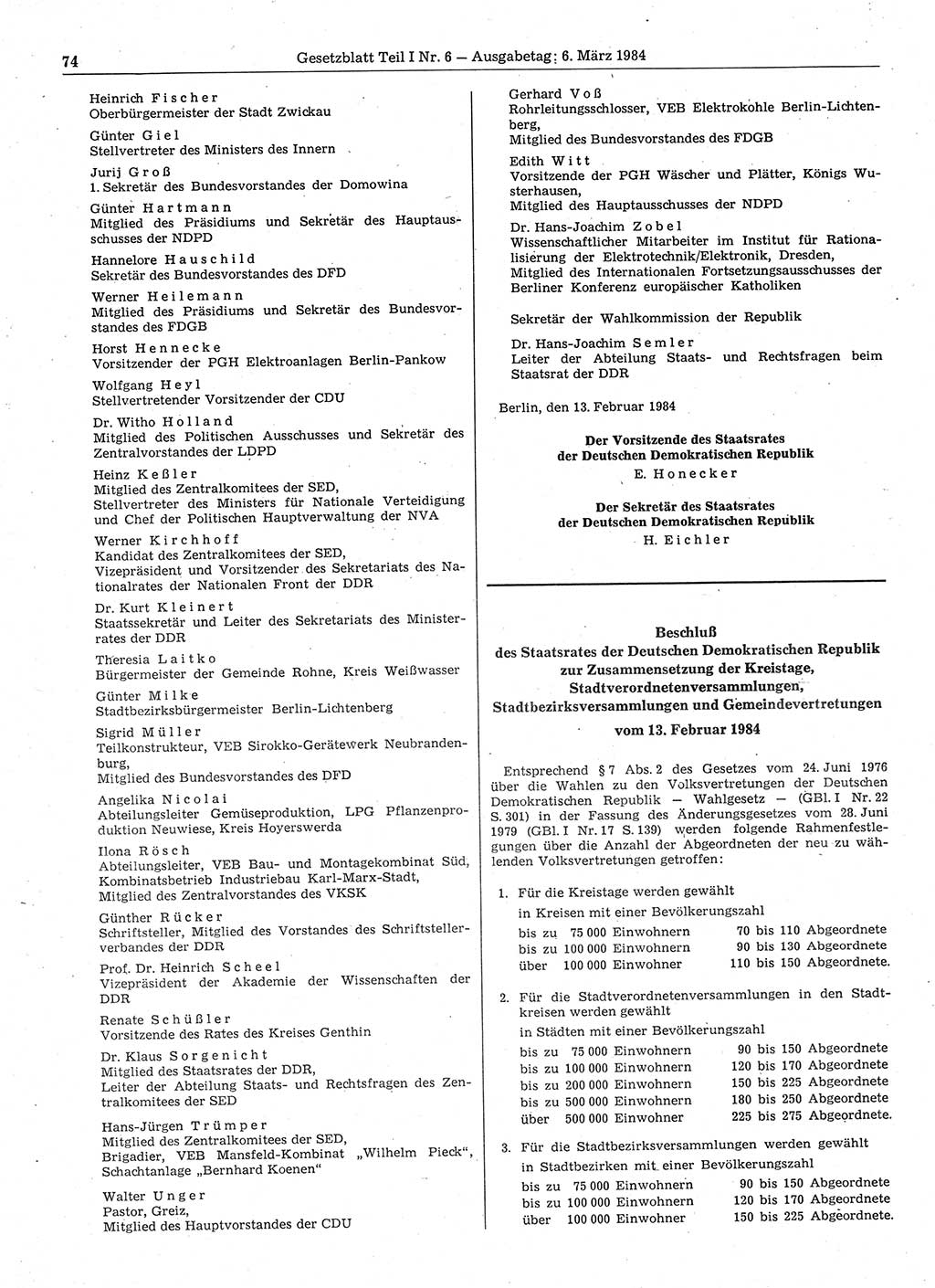 Gesetzblatt (GBl.) der Deutschen Demokratischen Republik (DDR) Teil Ⅰ 1984, Seite 74 (GBl. DDR Ⅰ 1984, S. 74)