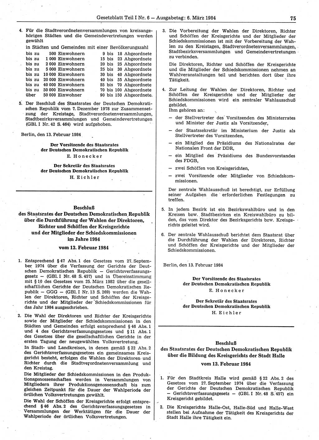 Gesetzblatt (GBl.) der Deutschen Demokratischen Republik (DDR) Teil Ⅰ 1984, Seite 75 (GBl. DDR Ⅰ 1984, S. 75)