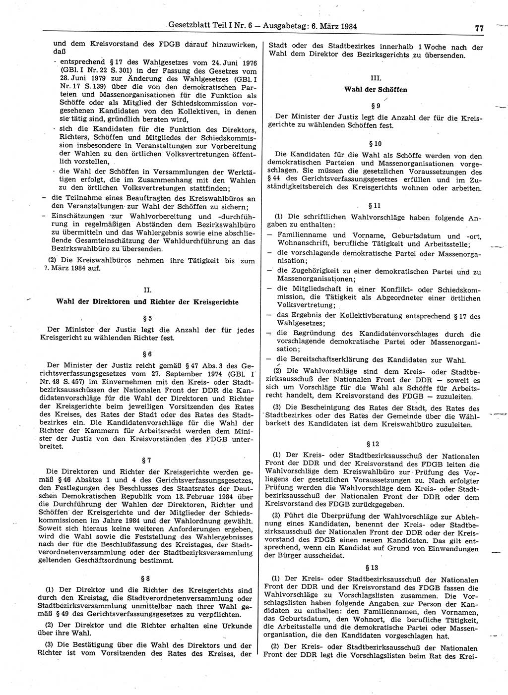Gesetzblatt (GBl.) der Deutschen Demokratischen Republik (DDR) Teil Ⅰ 1984, Seite 77 (GBl. DDR Ⅰ 1984, S. 77)