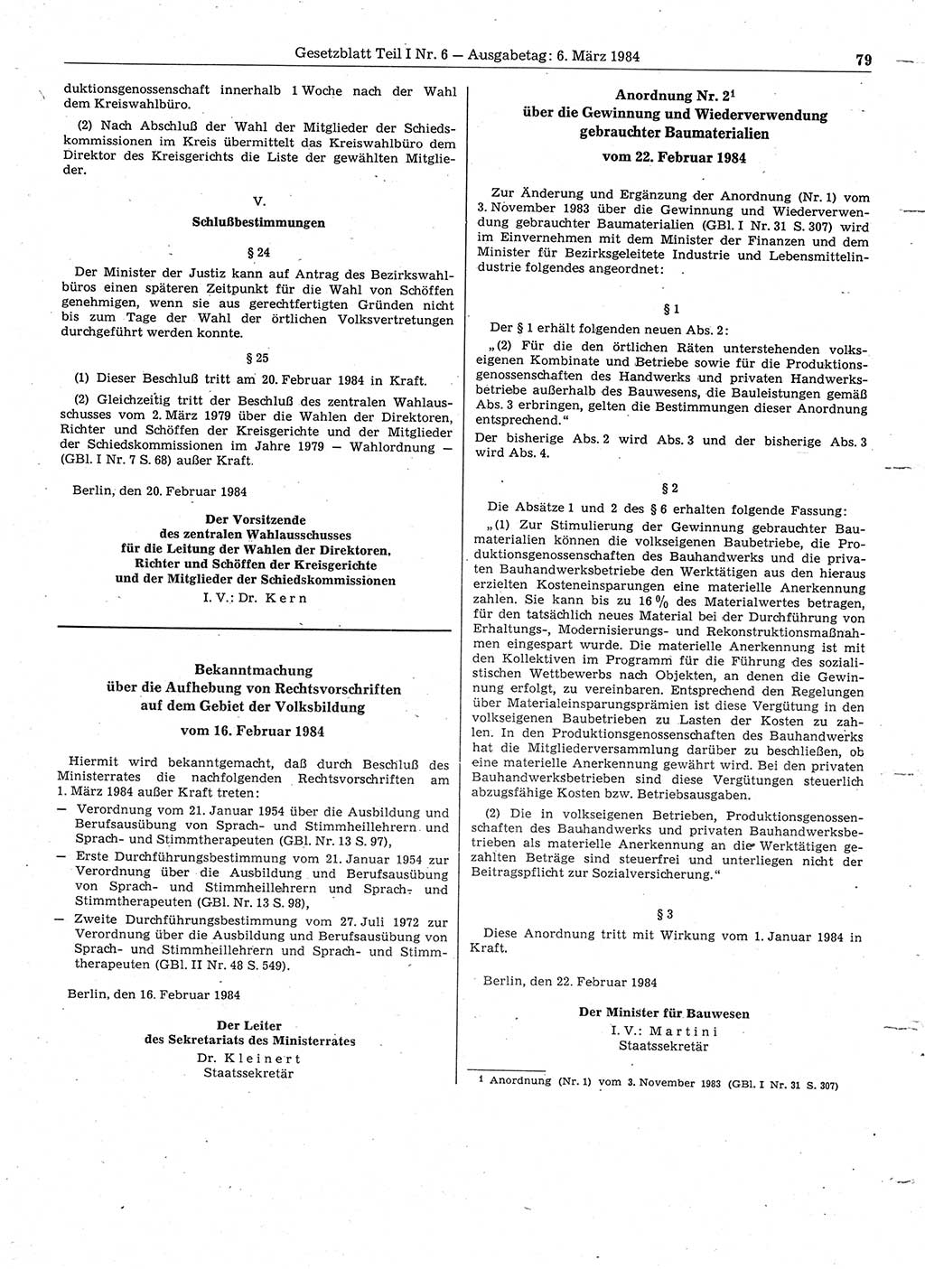 Gesetzblatt (GBl.) der Deutschen Demokratischen Republik (DDR) Teil Ⅰ 1984, Seite 79 (GBl. DDR Ⅰ 1984, S. 79)