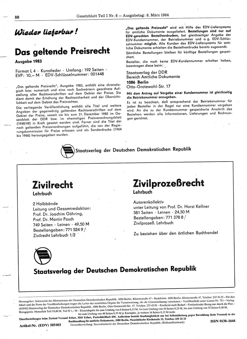 Gesetzblatt (GBl.) der Deutschen Demokratischen Republik (DDR) Teil Ⅰ 1984, Seite 80 (GBl. DDR Ⅰ 1984, S. 80)