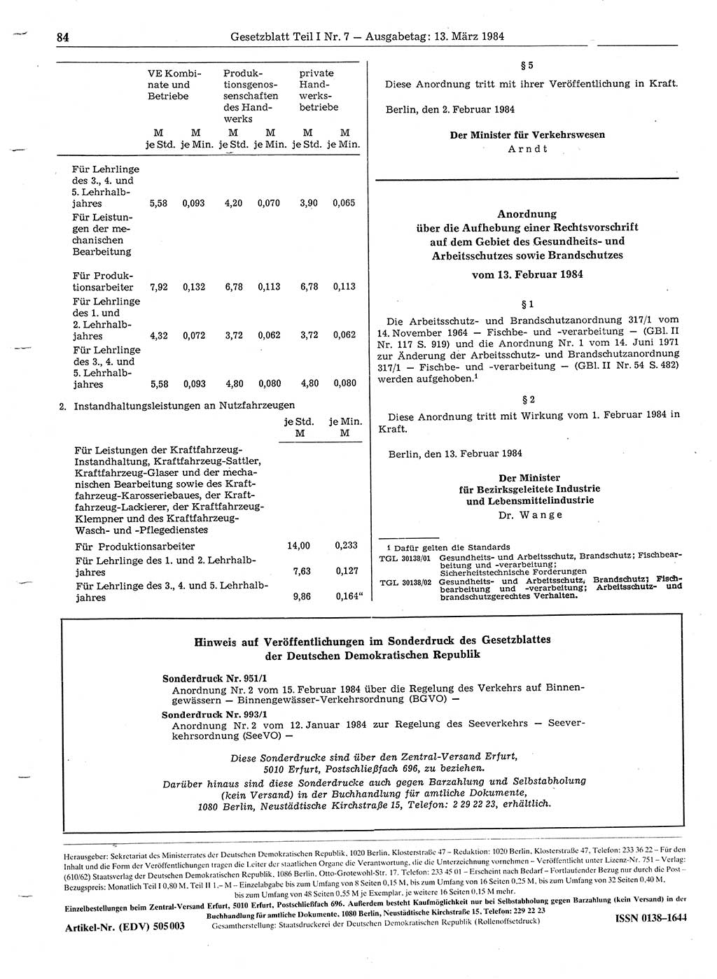 Gesetzblatt (GBl.) der Deutschen Demokratischen Republik (DDR) Teil Ⅰ 1984, Seite 84 (GBl. DDR Ⅰ 1984, S. 84)