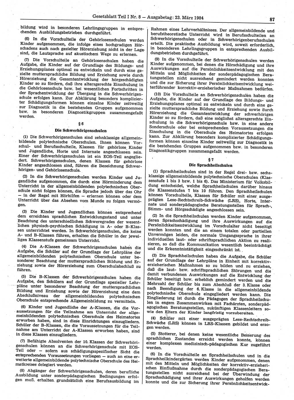Gesetzblatt (GBl.) der Deutschen Demokratischen Republik (DDR) Teil Ⅰ 1984, Seite 87 (GBl. DDR Ⅰ 1984, S. 87)