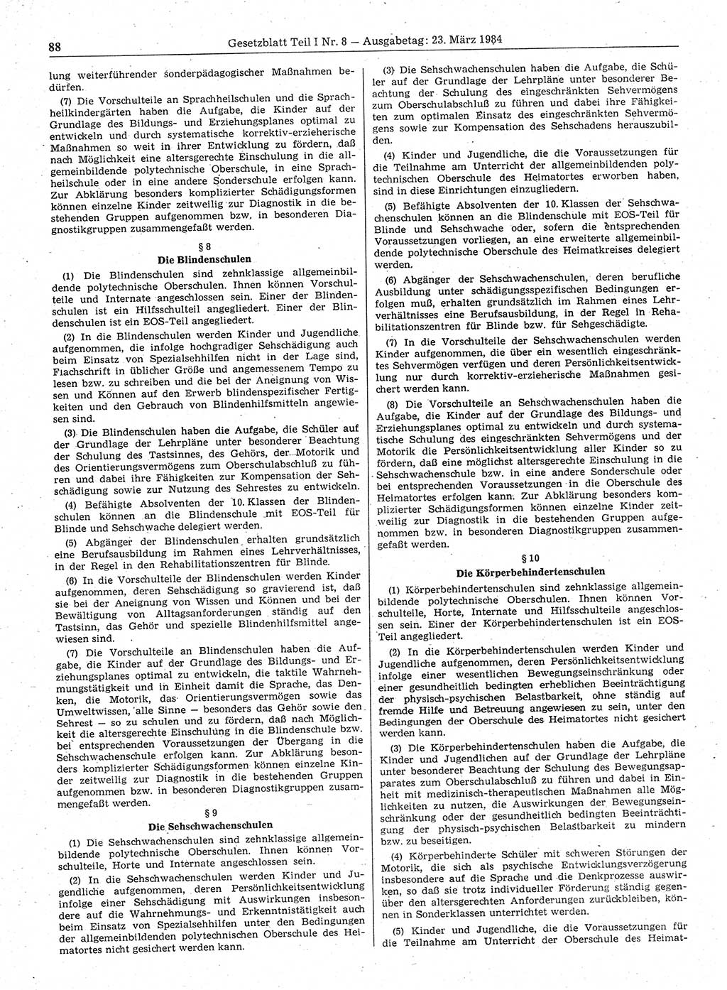 Gesetzblatt (GBl.) der Deutschen Demokratischen Republik (DDR) Teil Ⅰ 1984, Seite 88 (GBl. DDR Ⅰ 1984, S. 88)