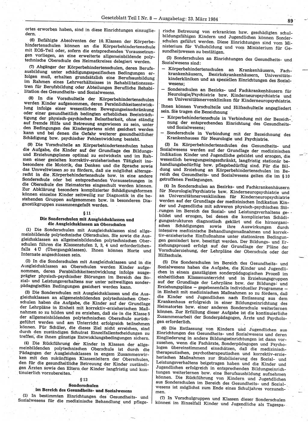 Gesetzblatt (GBl.) der Deutschen Demokratischen Republik (DDR) Teil Ⅰ 1984, Seite 89 (GBl. DDR Ⅰ 1984, S. 89)