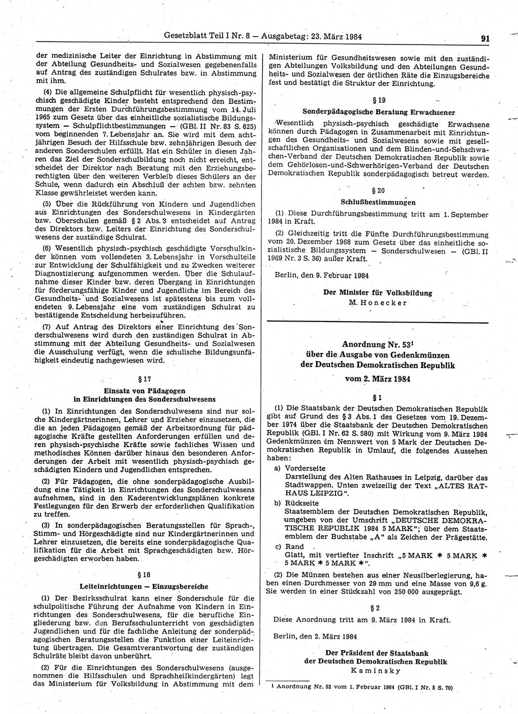 Gesetzblatt (GBl.) der Deutschen Demokratischen Republik (DDR) Teil Ⅰ 1984, Seite 91 (GBl. DDR Ⅰ 1984, S. 91)