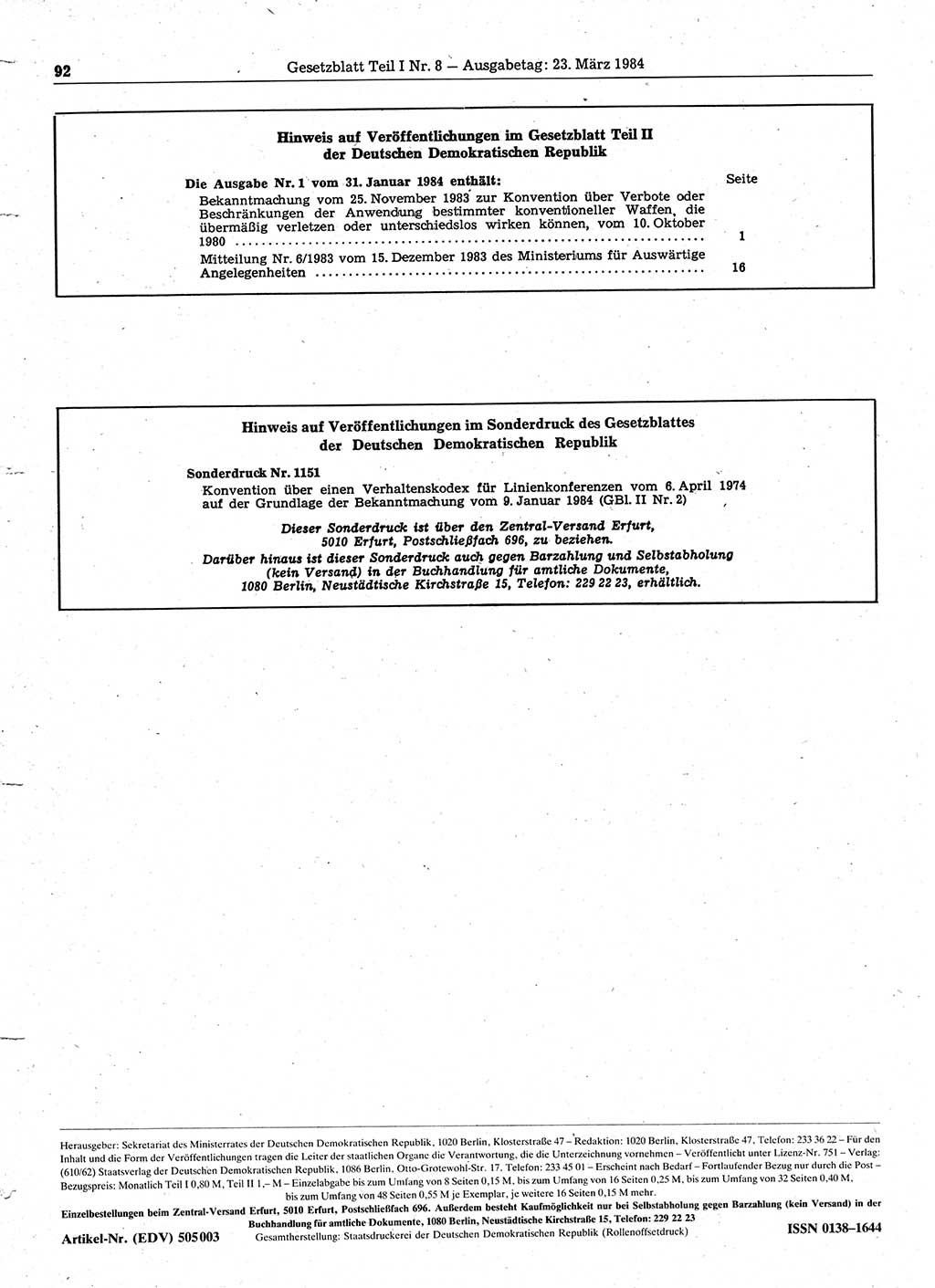 Gesetzblatt (GBl.) der Deutschen Demokratischen Republik (DDR) Teil Ⅰ 1984, Seite 92 (GBl. DDR Ⅰ 1984, S. 92)