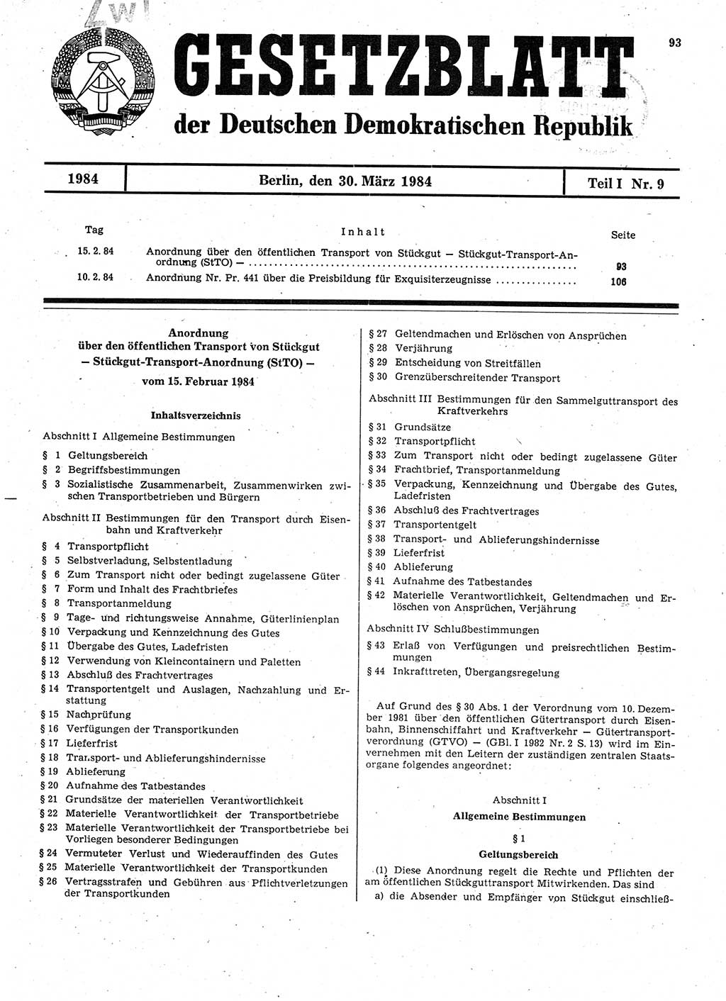 Gesetzblatt (GBl.) der Deutschen Demokratischen Republik (DDR) Teil Ⅰ 1984, Seite 93 (GBl. DDR Ⅰ 1984, S. 93)