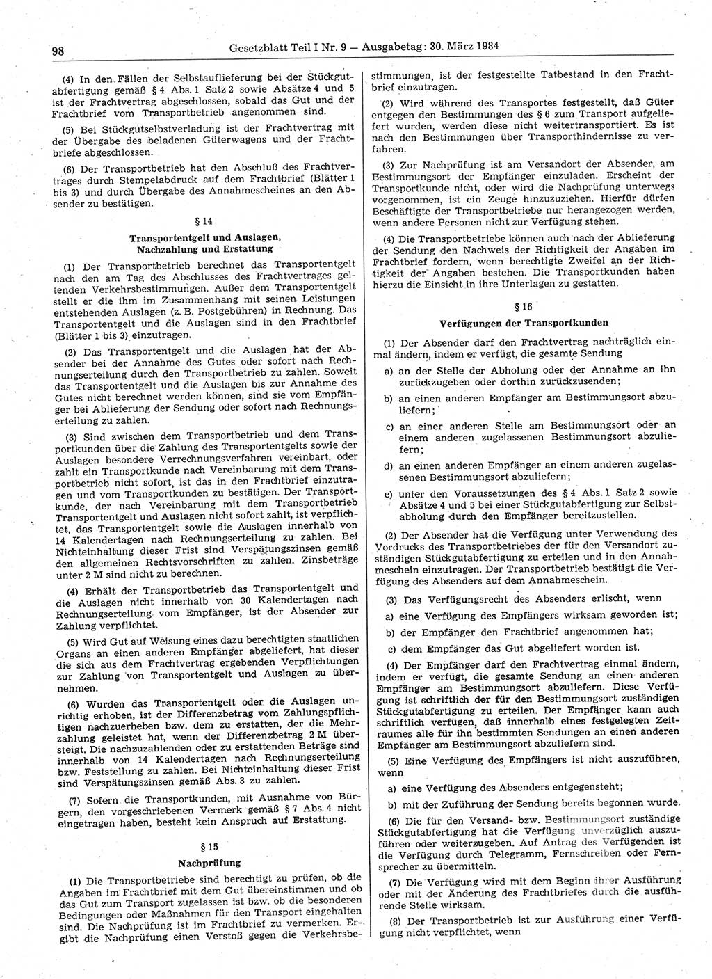 Gesetzblatt (GBl.) der Deutschen Demokratischen Republik (DDR) Teil Ⅰ 1984, Seite 98 (GBl. DDR Ⅰ 1984, S. 98)