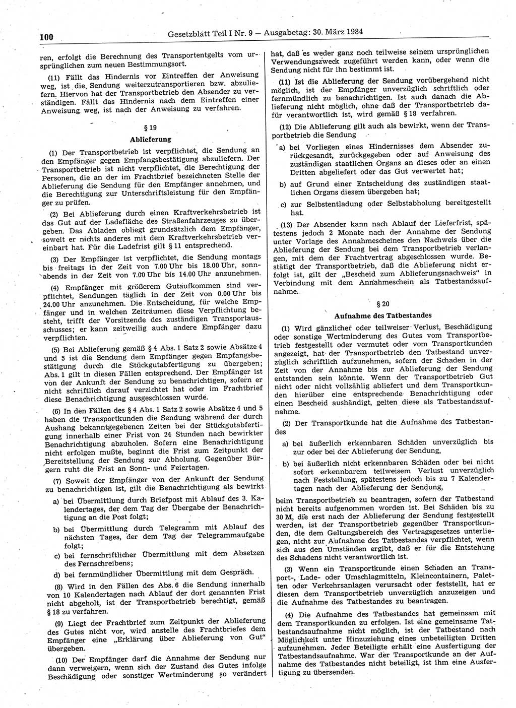 Gesetzblatt (GBl.) der Deutschen Demokratischen Republik (DDR) Teil Ⅰ 1984, Seite 100 (GBl. DDR Ⅰ 1984, S. 100)