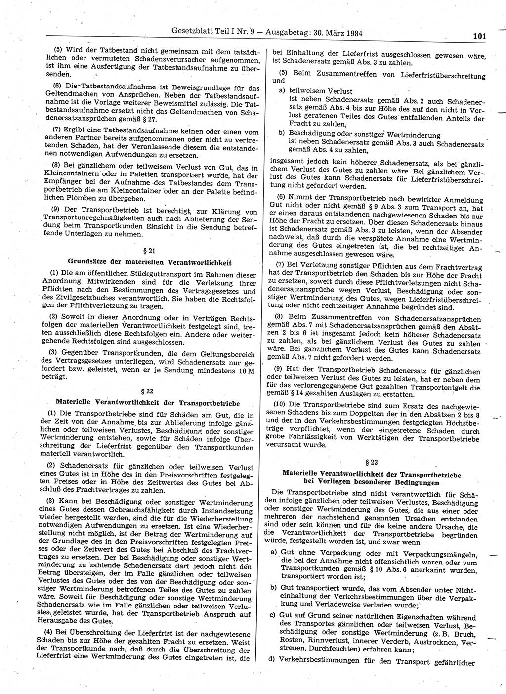 Gesetzblatt (GBl.) der Deutschen Demokratischen Republik (DDR) Teil Ⅰ 1984, Seite 101 (GBl. DDR Ⅰ 1984, S. 101)