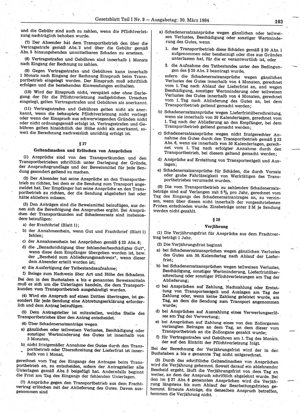 Gesetzblatt (GBl.) der Deutschen Demokratischen Republik (DDR) Teil Ⅰ 1984, Seite 103 (GBl. DDR Ⅰ 1984, S. 103)