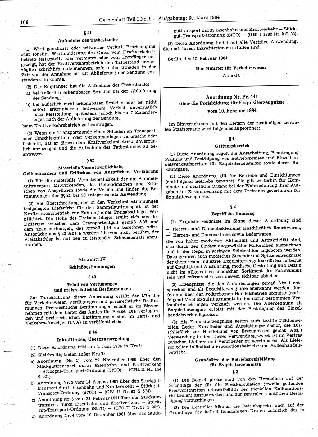 Gesetzblatt (GBl.) der Deutschen Demokratischen Republik (DDR) Teil Ⅰ 1984, Seite 106 (GBl. DDR Ⅰ 1984, S. 106)